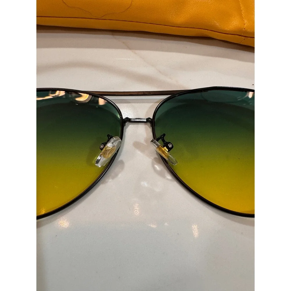 Retro Aviator Sunglasses Green Yellow Ombre Gradient Lens‎ Black Metal Frame